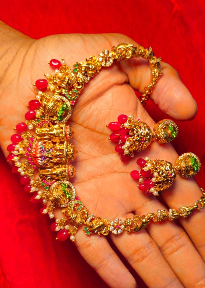 Premium Colorful Enamel Lakshmi Necklace and Earring Set