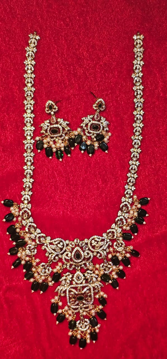 Premium Colorful AD Mehandi Victorian Haram And Earrings Set