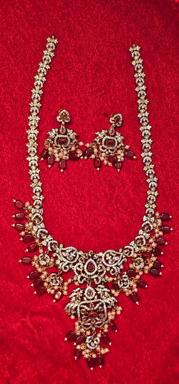 Premium Colorful AD Mehandi Victorian Haram And Earrings Set